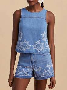 Travachic Women's Light Blue Denim Top, Printed Pattern, Loose Fit, Perfect For Summer Vacation Wear, Sleeveless Loose Top. - Light Wash - View 2