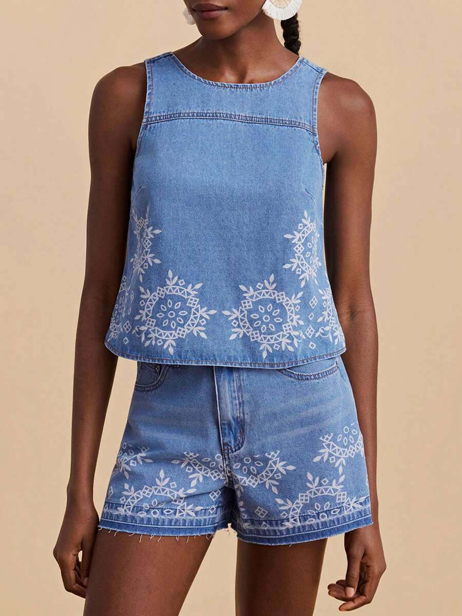 Travachic Blusa vaquera sin mangas con estampado geométrico casual para mujer, de verano - Lavado ligero - Ver 1