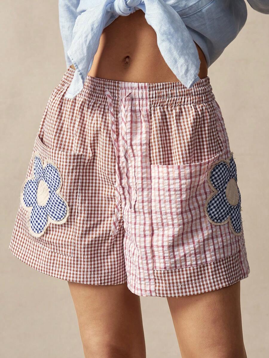 Bohemela 女士休闲格子贴花装饰短裤，夏季 - 酒紅色 - 查看 1