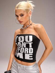 Y2Kool BiGraphic 女士 Y2K 街头风 Baddie 银箔文字抹胸上衣 - 黑色 - 查看 5