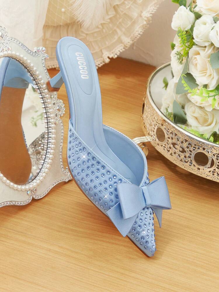 CUCCOO HITCHD Women's Autumn/Winter New Sparkling Crystal Bow Pointed Toe Kitten Heel Elegant Luxurious Romantic Sexy Burgundy Satin High Heel Mules Dress Shoes, Bridal Wedding Guest Party Formal Occasion For Christmas