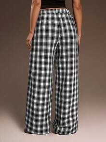 SHEIN ICON Women's Brown Baggy Plaid Minimalist Casual Pants - Black and White - View 2
