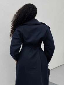 Alexandranx Áo khoác trench coat dài màu cà phê, chống gió, ấm áp, cạp chun, cài hai hàng khuy, phong cách Anh đa năng cho mùa thu/đông - Màu xanh hải quân - Xem 2