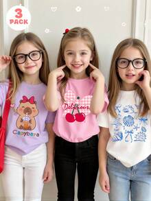 Bộ 3 áo thun ngắn tay cổ tròn màu trắng/hồng/tím dành cho bé gái, kiểu dáng thường ngày, họa tiết hoạt hình chuột lang nước, nơ anh đào và hình ảnh đại dương, thời trang và dễ thương cho mùa hè. - Màu tím - Xem 3