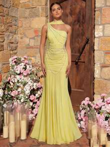 Glamrae Đầm dạ hội sang trọng, thanh lịch với chi tiết chuỗi ngọc trai, chất liệu lưới co giãn, xếp ly, lệch vai, kiểu đuôi cá, tay bồng, thích hợp cho đám cưới, tiệc tùng, kỳ nghỉ, dạ hội. - Màu vàng - Xem 1
