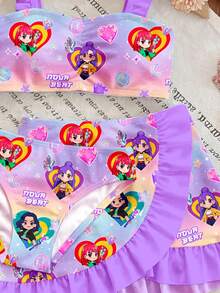 SHEIN Young Girl Letter & Cartoon Print Bikini Set With Mini Skirt, Suitable For Summer Vacation & Beach - Multicolor - View 7