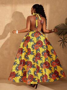 Lunelith SHEIN Lunessa Vacation & Date Ankara Floral Print Dress, Spaghetti Strap, Backless, Waist Cinched, Flowing Dress - Yellow - View 2