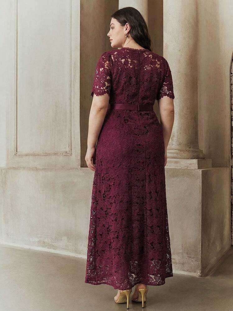 Anewsta Summer Vacation Water-Soluble Lace Romantic Light Dress, Round Neck Short Sleeve Romantic Bow Tie Waist Vacation Party Plus Size Women Elegant Dress