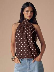 SHEIN BAE Top corto sexy con cuello de halter y espalda descubierta a lunares en blanco y negro, adecuado para festivales de música y vacaciones - Café integral - Ver 7
