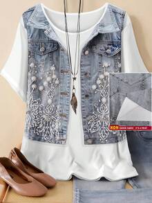 EMERY ROSE Áo khoác gile giả denim thời trang cỡ lớn dành cho nữ và áo thun ngắn tay cổ tròn in hoa phong cách thường ngày. - Nhiều màu - Xem 1