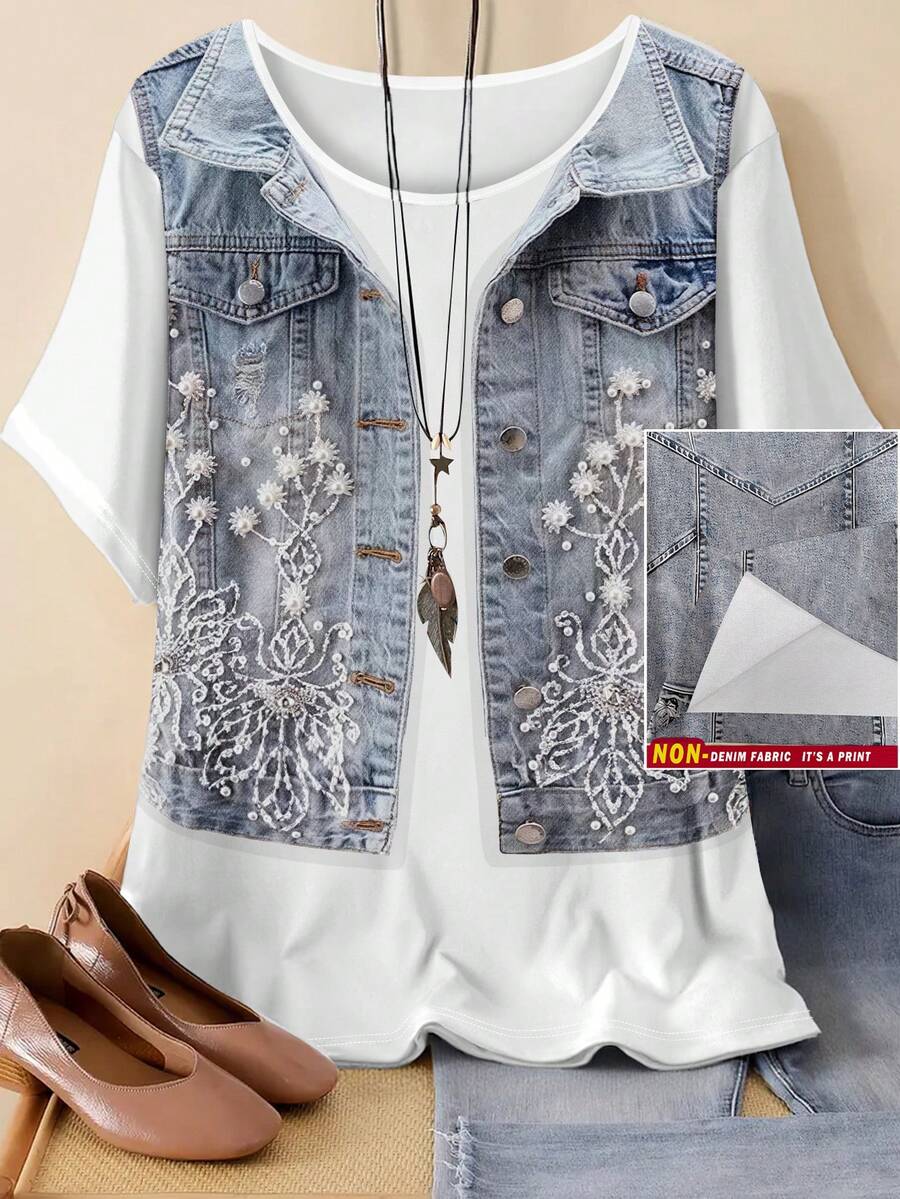 EMERY ROSE Áo khoác gile giả denim thời trang cỡ lớn dành cho nữ và áo thun ngắn tay cổ tròn in hoa phong cách thường ngày. - Nhiều màu - Xem 1