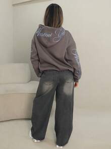 Rayane Ketlyn Áo nỉ dệt kim màu xám tro với thêu chữ, áo nỉ dài tay kiểu dáng thường ngày, áo nỉ in hình dành cho nữ, áo nỉ nữ phong cách Y2K, áo nỉ tùy chỉnh màu xám. - Màu xám đen - Xem 2