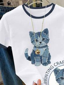 少女牛仔猫咪印花短袖T恤，休闲舒适，适合春夏穿着，时尚百搭，适合户外活动、野餐、街头摄影、居家、上学、节日庆典等场合，也是馈赠佳品。 - 白色 - 查看 3