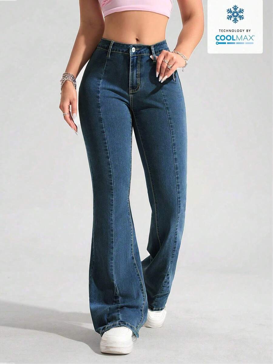 SHEIN PETITE Women's Solid Color Fitted Flare Leg Casual Jeans - Royal Blue - View 1