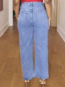 Steph T 夏季高腰直筒牛仔裤 - 中等水洗藍 - 查看 2