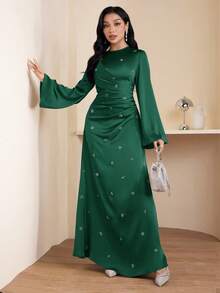 Veilorie 女士圆领插肩喇叭袖褶裥优雅连衣裙 - 墨綠色 - 查看 4