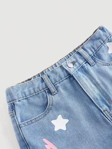 Girlism Quần short denim màu xanh dương dáng rộng, họa tiết trái tim và ngôi sao dành cho bé gái. - Rửa nhẹ - Xem 3