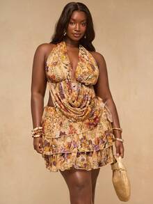 SHEIN BAE Women's Plus Size Gold Summer Boho Vacation Holiday 2 Pieces Set,Colorful Printed Asymmetrical Neck Ruched Top & Bodycon Ruffled Hem Skirt, Outfit - Multicolor - View 3