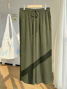 Comfortcana 夏季纯色褶皱纹理面料宽松抽绳腰带休闲度假阔腿裤，大码 - 軍綠色 - 查看 5