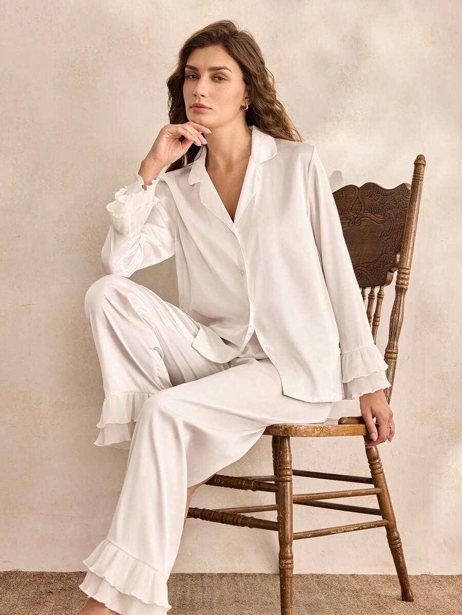 Charlaine Áo cánh satin cổ khoét và quần viền nhún Bộ đồ ngủ/Bộ đồ ngủ Bộ đồ trắng, Trang phục thu đông ấm áp và thanh lịch - trắng - Xem 1
