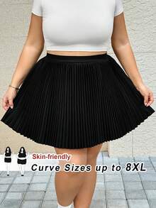 SHEIN CURVE+ 大码女式黑色百褶A级短裙 - 黑色 - 查看 10