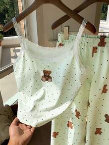 Comfortcana Bộ đồ ngủ 2 món dành cho nữ, gồm áo hai dây và quần dài in hình gấu, có áo ngực tích hợp. - màu xanh lá - Xem 3