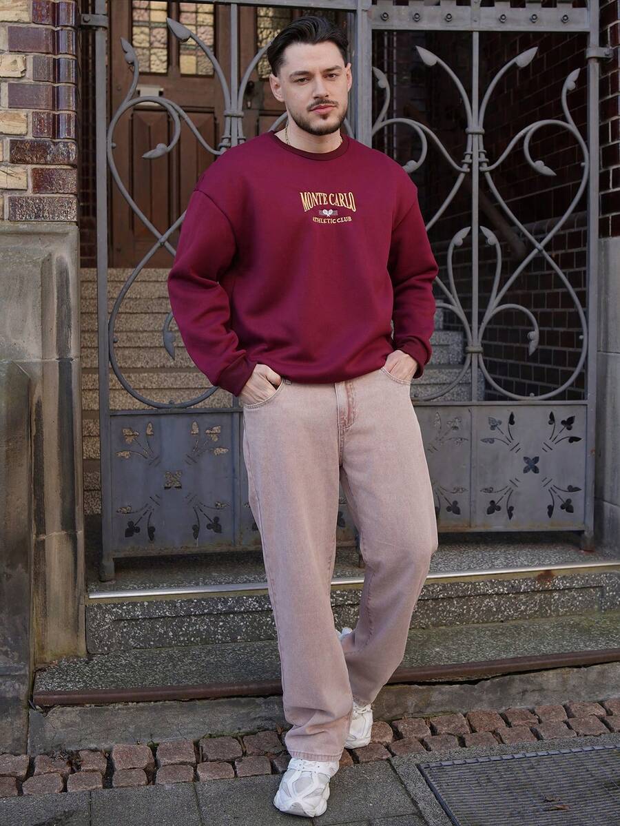 LEOGASHI LEOGASHI 男士字母刺绣卫衣，秋季款，长袖上衣 - 酒紅色 - 查看 1