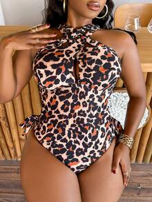 Slaydiva 2026 Nuevo Llegada Traje de Baño de Una Pieza Talla Grande con Estampado de Leopardo Multicolor Aleatorio, Moda Vacacional y Casual, Cintura Ajustable con Cruce, Volantes con Moño, Efecto Estilizante - Multicolor - View 4