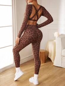Slayform Slayform Seamless Ribbed High Elasticity Leopard Print Sexy Yoga Fitness Set For Women - Brown - View 4