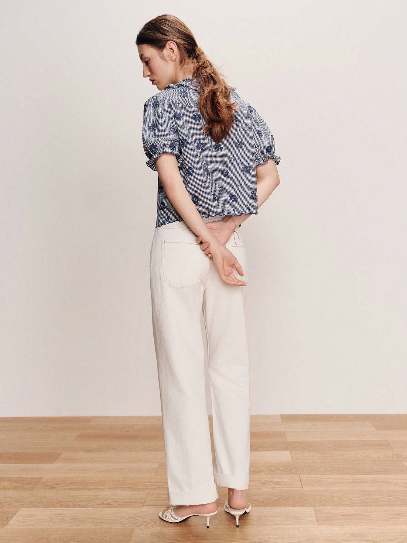 Blue Floral Embroidered Oversized Blouse With Scallops Edges French Style Vintage Top Spring Blouse Casual Cute Top Elegant Top Vacation Top Office Top Spring Summer French Style Parisian Style Blouse For Women Casual