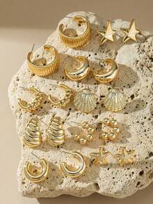 Arave 2-18 件时尚优雅的海星和贝壳元素女士珠宝耳环，适合全年日常佩戴 - 金色 - 查看 11