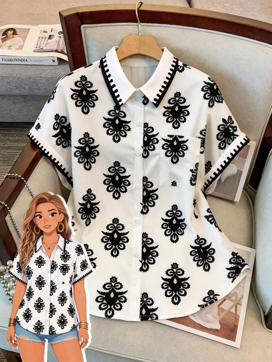 SHEIN Clasi Plus Size Women's White Contrast Floral Print Single-Breasted Shirt,Elegant Summer Office Formal Long Sleeve Blouse For Daily Outings,Teachers' Day - Multicolor - View 1