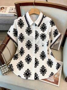 SHEIN Clasi Plus Size Women's White Contrast Floral Print Single-Breasted Shirt,Elegant Summer Office Formal Long Sleeve Blouse For Daily Outings,Teachers' Day - Multicolor - View 3