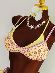 Swim Vcay Bộ bikini 2 mảnh Swim Mod mới về dành cho nữ, kiểu dáng thanh lịch, gợi cảm, phong cách Boho dễ thương, nền vàng phối họa tiết hoa đỏ và viền kẻ caro hồng, áo tam giác và quần buộc dây bên hông - Đồ bơi phong cách Cottagecore ngọt ngào - Dây buộc điều chỉnh tôn dáng, mang đến cảm giác mùa hè biển cả - Hoàn hảo cho kỳ nghỉ hè trên bãi biển, tiệc bể bơi, lễ hội âm nhạc, đám cưới, trang phục nghỉ lễ mùa xuân, trang phục nghỉ dưỡng, kỳ nghỉ nhiệt đới. - Màu vàng - Xem 8