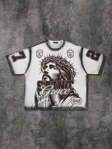 ROMWE MEN Street Life Men's Handpainted Letter & Figure Print Loose Fit Short Sleeve T-Shirt - White - View 7