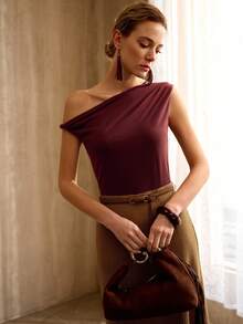 MOTF PREMIUM FASHIONABLE MINIMALIST COTTON ASYMMETRICAL SHOULDER SLEEVELESS T-SHIRT, SPRING/SUMMER - Burgundy - View 5