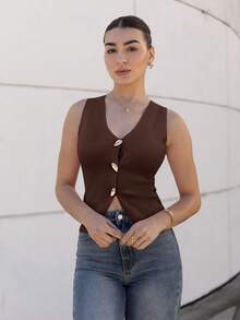 Andrea Bello Camiseta sin mangas casual de mujer con botones delanteros de unicolor, para verano en otoño/invierno - Café integral - Ver 2