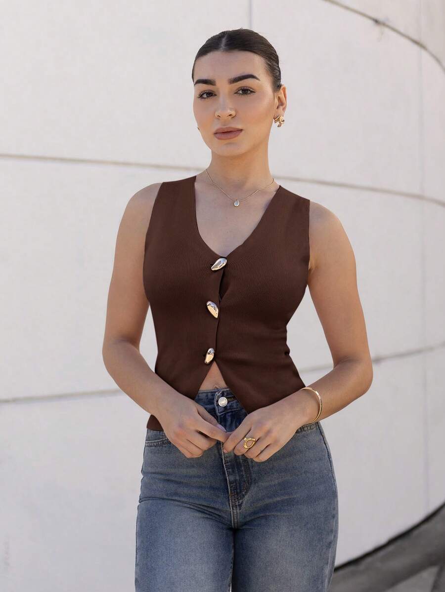 Andrea Bello Camiseta sin mangas casual de mujer con botones delanteros de unicolor, para verano en otoño/invierno