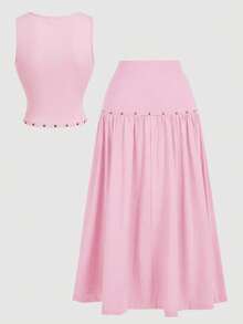 SHEIN MOD 70年代复古女式棕色垂褶领铆钉背心和长裙两件套——复古嬉皮、假日装、波西米亚风、Y2K风、西部风和游牧风 - 粉色 - 查看 2