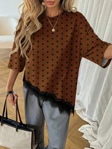 SHEIN LUNE 女士休闲纯色时尚波点不对称下摆蕾丝拼接T恤，百搭日常穿着，春夏休闲上衣，适合度假、夏季、春季、春假及各种场合，包括沙滩装、休闲衬衫、外套和夏季上衣。 - 彩色 - 查看 3