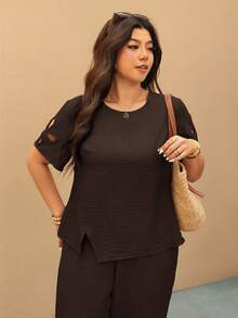 Elaquor Plus Size Solid Color Minimalist Daily Wear Round Neck Short Sleeve Top And Pants 2 Pieces Set - Brown - View 5
