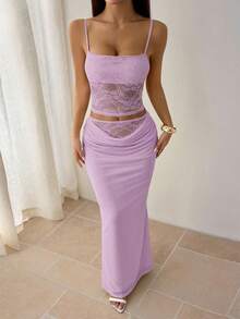 SHEIN PETITE 女士夏季蕾丝拼接透视两件套露背上衣+长裙性感优雅节日装扮情人节约会装扮音乐节宴会轻薄连衣裙适合秋冬季内衣穿着 - 淡紫色 - 查看 4