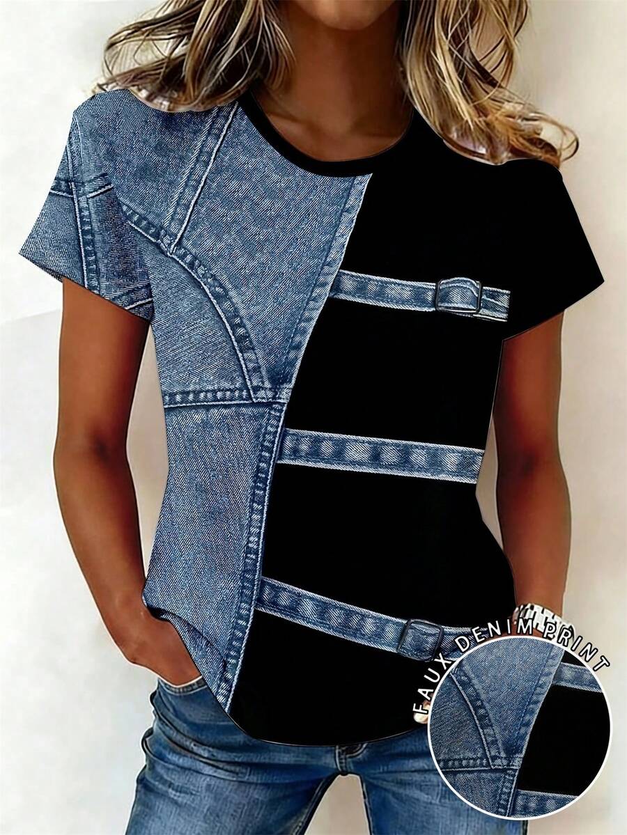 EMERY ROSE Patchwork Pattern Twill Texture Round Neck Short Sleeve Casual Plus Size T-Shirt, Spring & Summer - Multicolor - View 1