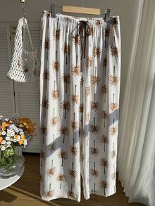 Comfortcana 大码舒适亚麻棕榈树印花休闲裤，适合春夏穿着 - 彩色 - 查看 4