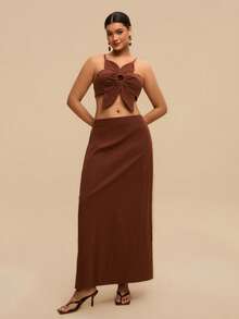 Levarali Plus Size Women's Chocolate Brown 2-Piece Skirt Set,Boho Summer Holiday Beach Outfits,Floral Shaped Camisole Top&Backless Textured Fabric Vacation Set - Brown - View 3