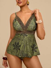 Travachic Bộ bikini cỡ lớn dành cho nữ, họa tiết cây nhiệt đới màu xanh lá cây, áo bơi hai dây cổ chữ V phối màu vàng, cạp chun co giãn. - màu xanh lá - Xem 1