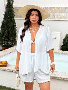 Swim Vcay 2026 Spring/Summer Plus Size Women 2pcs Set Short Sleeve Top And Shorts, Sexy Casual Beach Vacation Outfit - White - View 3