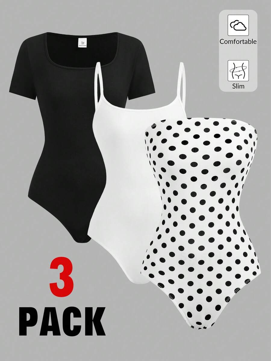 Girlism Kids Summer  3pcs/Set Teen Girl Bodysuits: Short Sleeve Jumpsuit + Spaghetti Strap Jumpsuit + Polka Dot Print Spaghetti Strap Jumpsuit Polka Dots Bodysuits For Women 3 Pack Bodysuits Bodysuit Set Polka Dots Set Poka Dots Set Bodysuits For Teens Swimsuits For Woman Polka Dot Polka Dot Bodysuit Bodysuits Women Summer Fitted Tops - Black and White - View 1