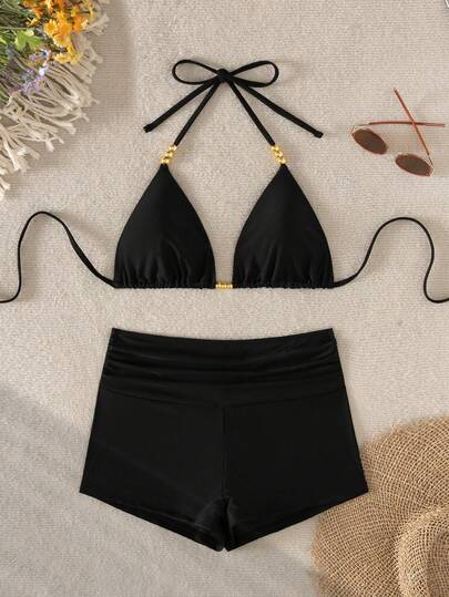 Swim Basics Bộ bikini nữ gợi cảm cổ yếm màu trơn, áo bikini đính ngọc trai vàng và quần bơi cùng màu, thích hợp cho mùa xuân/hè.