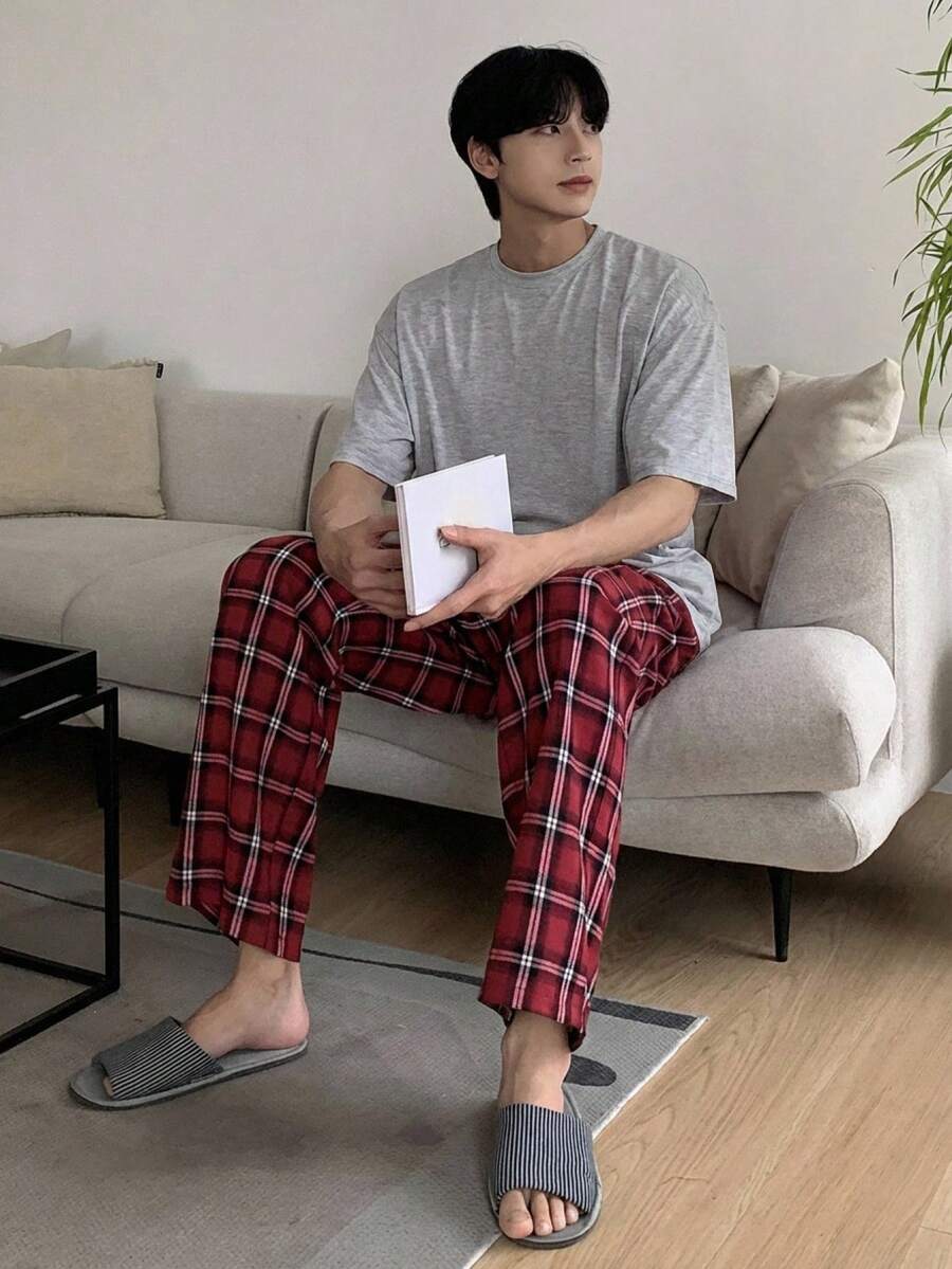 DAZY 男士紅色格紋長褲與T恤套裝休閒居家服,春夏睡衣 - 彩色 - 查看 1